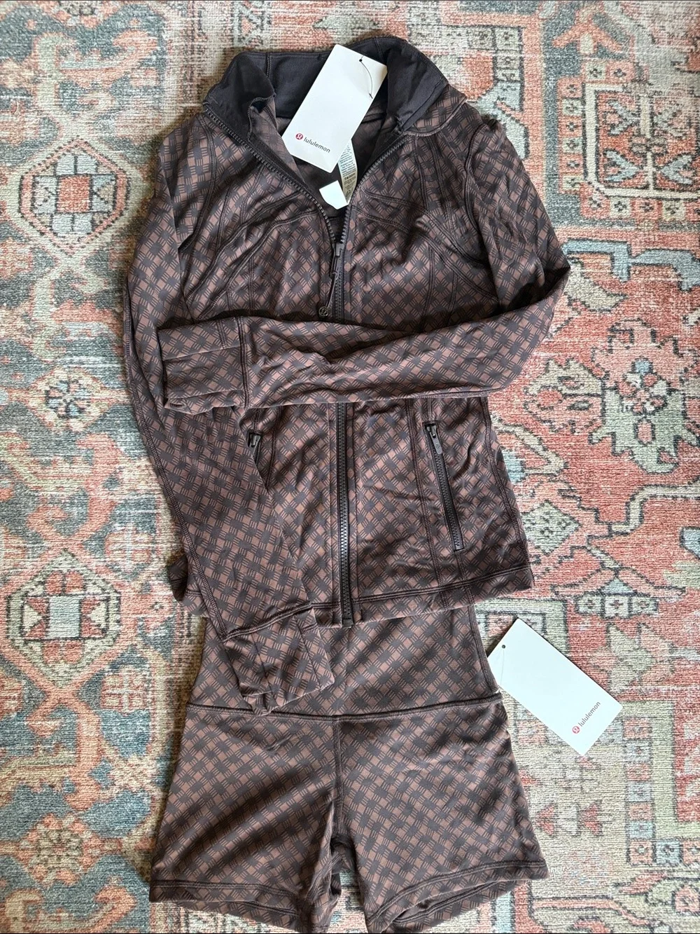 Lululemon Women's Brown Geometric Full-Zip Performance Jacket and Short Set